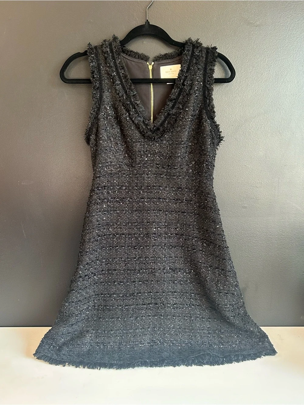 Kate Spade Sparkle Tweed V-Neck Fit & Flare Mini Dress Black Size 2 Fringed LBD